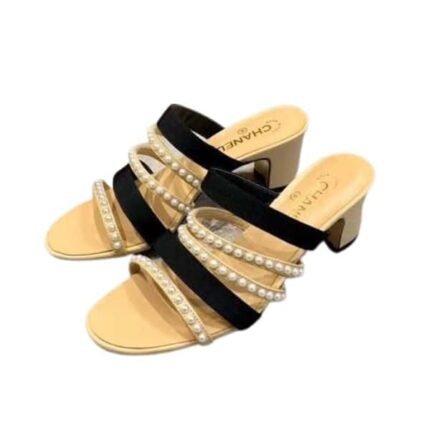 CHANEL 20P PEARL STRAP CC LOGO SANDAL MULE BLOCK HEEL BEIGE