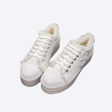 CELINE JANE LOW LACE-UP SNEAKER WITH TRIOMPHE PATCH IN CANVAS AND FLEECE WHITE