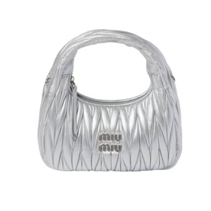 MIUMIU WANDER MATELASSÉ NAPPA HOBO BAG SILVER 23CM 5BC125 AN88 F0118 V OOY