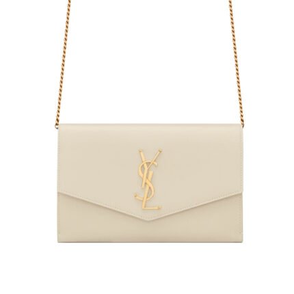 SAINT LAURENT UPTOWN CHAIN WALLET IN GRAIN DE POUDRE EMBOSSED LEATHER BLANC VINTAGE 19CM 6077881GF0J9207