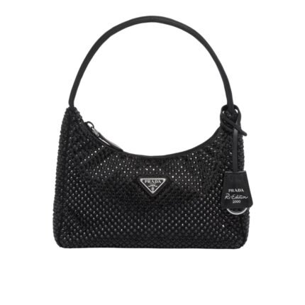 PRADA RE EDITION SATIN MINI BAG WITH CRYSTALS BLACK 21CM 1BC515 2AWL F0002 V OOO