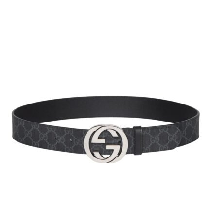 GUCCI GG SUPREME BELT WITH INTERLOCKING G BUCKLE BLACK GREY ‎411924 KGDHX 8449