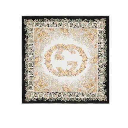GUCCI INTERLOCKING G FLORAL PRINT SILK CARRÉ BLACK AND BEIGE 783157 3G001 1079