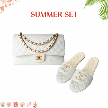 SUMMER SET: CHANEL CLASSIC MEDIUM HANDBAG WHITE 25CM A01112 & 23P QUILTED CC CHAIN MULE SANDAL WHITE