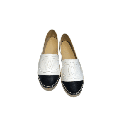 CHANEL EMBROIDERED ESPADRILLE LEATHER BLACK CAP TOE FLATS WHITE CC