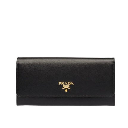 PRADA SAFFIANO LEATHER FLAP LONG WALLET BLACK AND GOLD 19CM 1MH132 ZLP F061H