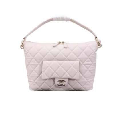 CHANEL MAXI HOBO BAG BLACK GOLD TONE METAL WHITE 28CM AS4339