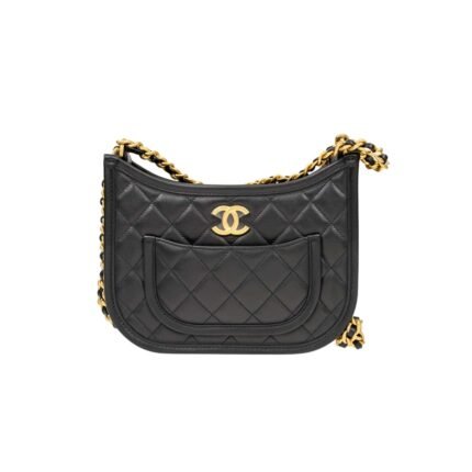CHANEL HOBO HANDBAG GOLD TONE METAL BLACK 23CM AS4666
