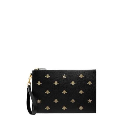 GUCCI BEE STAR LEATHER CLUTCH BLACK 28CM 495066 DJ2KT 8474