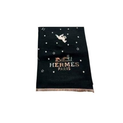 HERMES CASHMERE SCARF BIG TASSELS STAR SHAWL HORSE BLACK