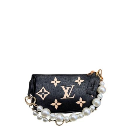 LOUIS VUITTON POCHETTE ACCESSOIRES WITH PEARL CHAIN BLACK 20CM
