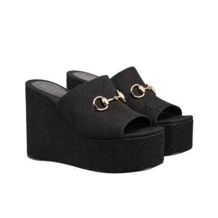 GUCCI WOMEN’S WEDGE SANDAL WITH HORSEBIT BLACK 816328 FAB10 1000