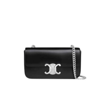 CELINE CHAIN TRIOMPHE IN SHINY SHOULDER BAG SILVER BLACK 20CM 115203BF4 38SI