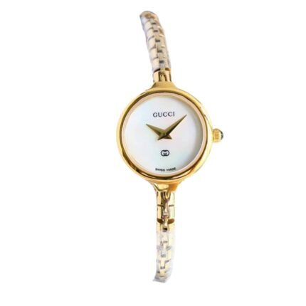 GUCCI LADIES WATCH ROUND CASE WITH SLIM DIAL GOLD IN WHITE 22MM