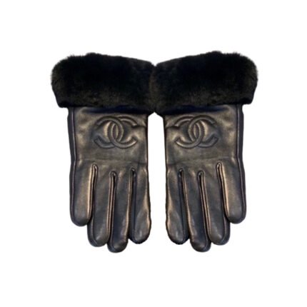 CHANEL CC LEATHER RABBIT FUR GLOVES ALL BLACK
