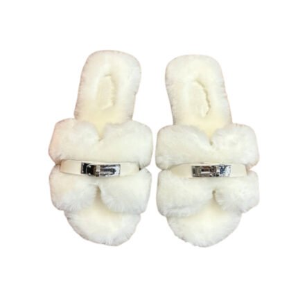 HERMES SHEARLING FUR ORAN SILVER BUCKLE SANDAL WHITE