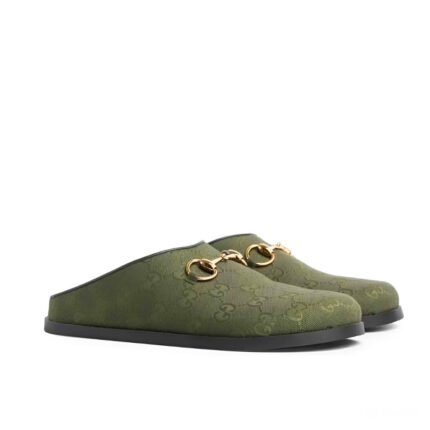 GUCCI WOMEN MULE WITH HORSEBIT DARK GREEN GG CANVAS 837130 FAB10 3046