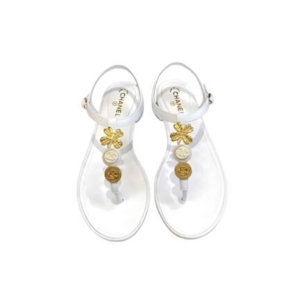CHANEL CAMELLIA THONGS SANDALS WITH GOLD LEAF CLOVER WHITE