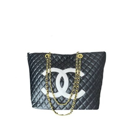 CHANEL CC SHOPPING BAG WITH CHAIN LEATHER BLACK AND WHITE 32CM