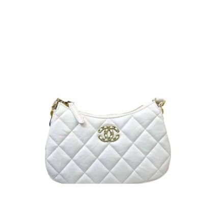 CHANEL HOBO HANDBAG AGED CALFSKIN WHITE 24CM